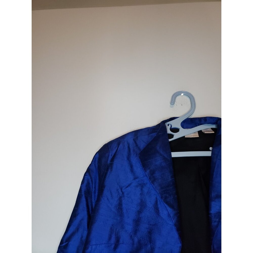 Bleu Bayou Womens M Formal Jacket Shiny Lined Bright Blue 100% Silk Open Front - Picture 4 of 5